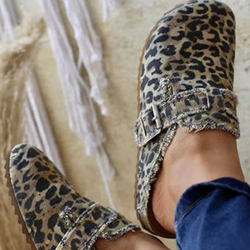 Leopard Buckle Strap Frayed Canvas Slip On Slippers - Picture 8 of 9